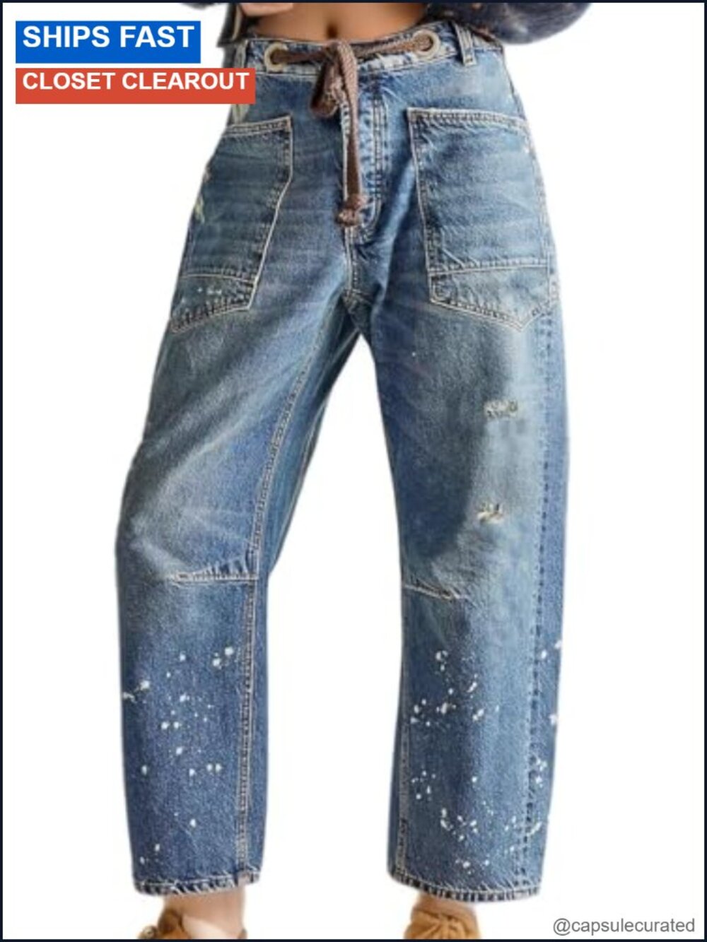 Women's Pull-On Barrel Jeans Stretch Denim Drawstring Ankle
